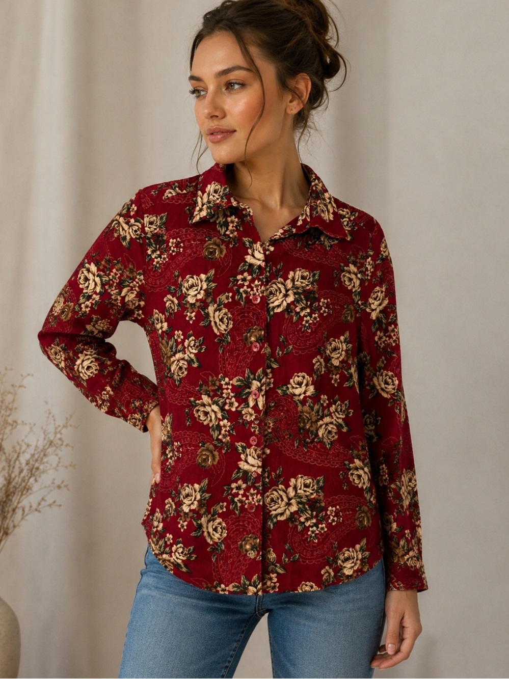 ERIKA Women’s Burgundy Floral Baby Corduroy Button-Up Shirt Long Sleeve Size M